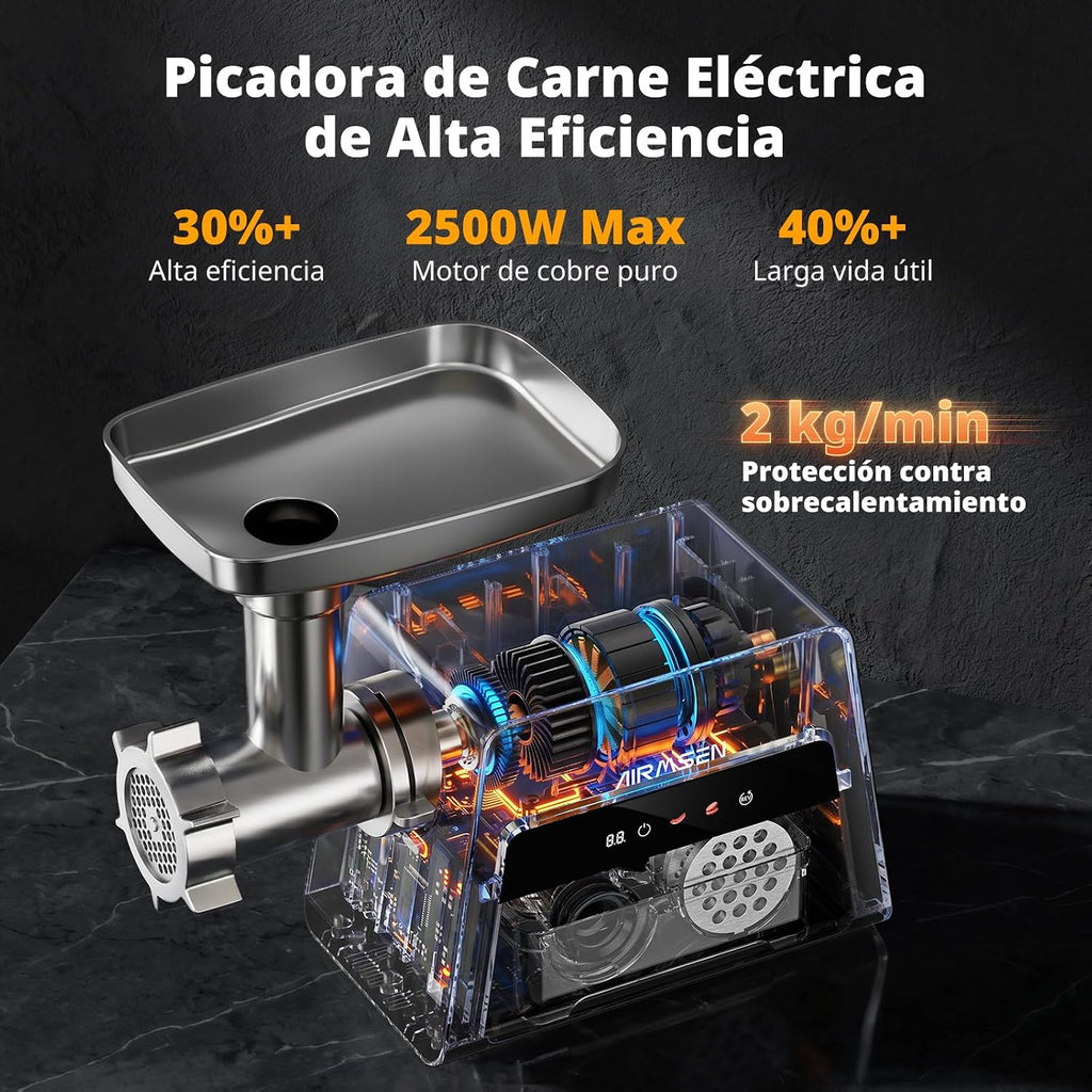 AIRMSEN Picadora de Carne Eléctrica 3 en 1, Aluminio Fundido a Presión,con Salchichas y Accesorios para Kubbe, 2500W Max, 2 Velocidades, Motor Silencioso, Ideal para Cocinas Familiares