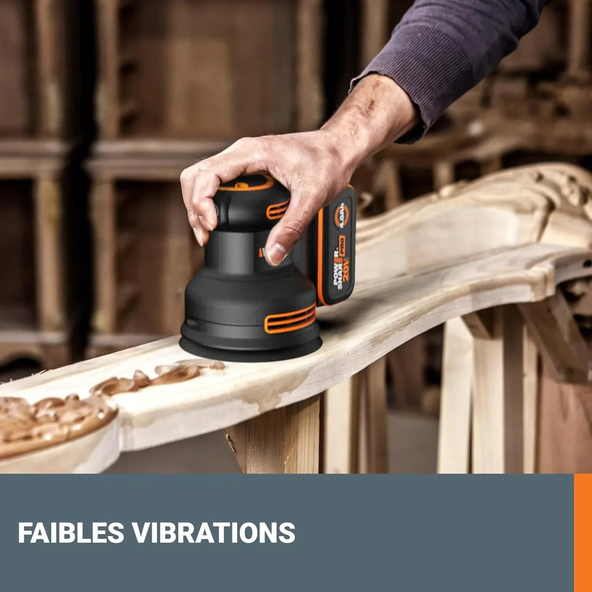 WORX NITRO – Lijadora excéntrica inalámbrica de 20 V – Bandeja de lijado de 125 mm – Ideal para superficies planas o curvas – Sin escobillas – Velocidad variable – Se entrega sin batería ni cargador –