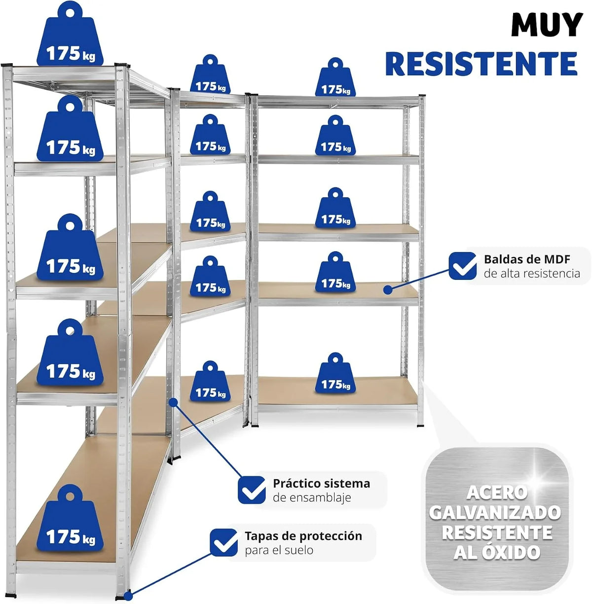 tectake® Estantería para Cargas Pesadas, 3 Partes, 15 Estantes, Estructura de Acero Galvanizado, Capacidad de Carga 2625 kg, Ajustable en Altura, Convertible en Bancos de Trabajo, Bordes Redondeados