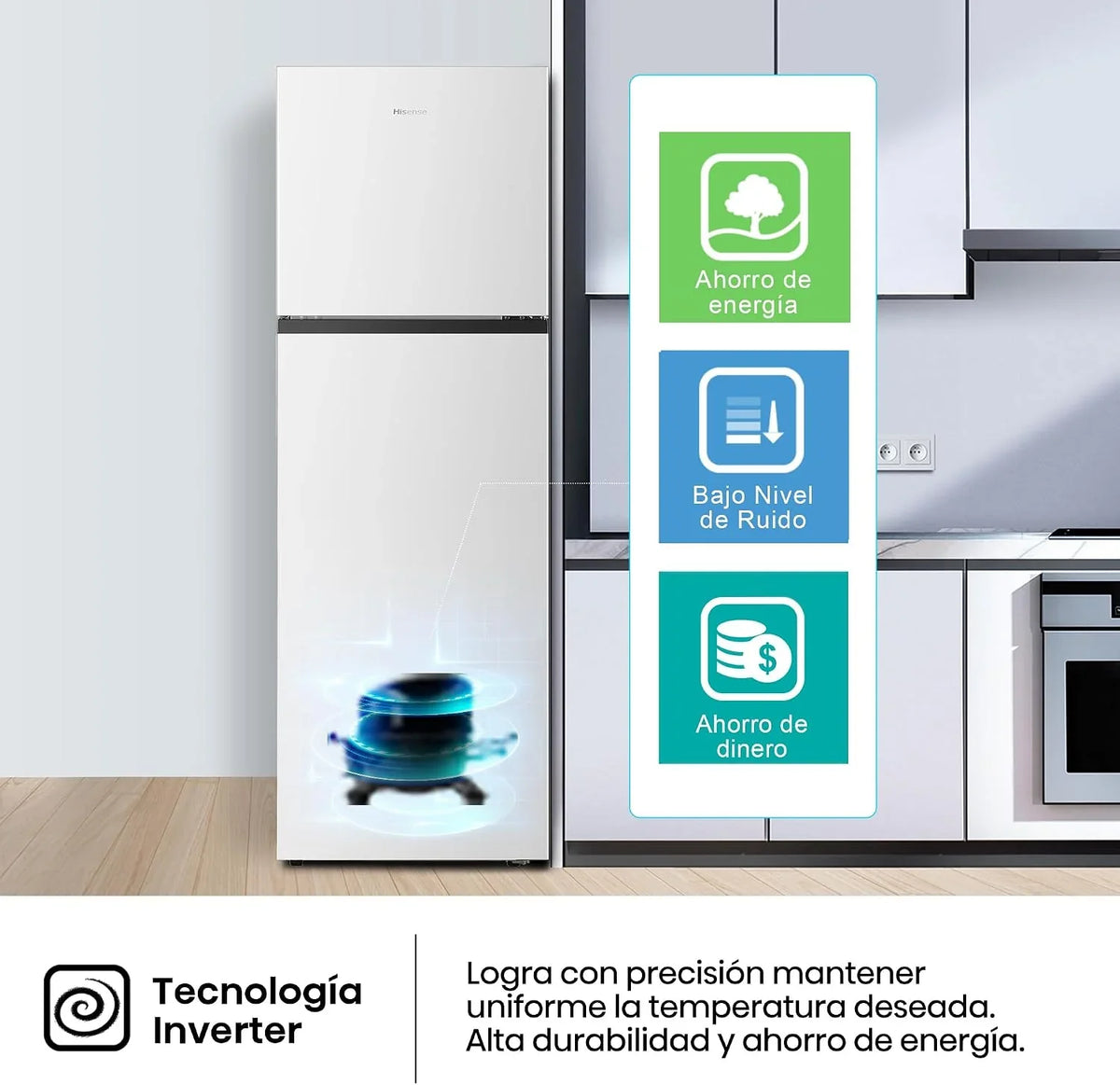 Hisense RT327N4AWE - Frigorífico 2 Puertas Total No Frost, 249L, 168cm, Multi Airflow, Puerta Reversible, Iluminación LED, Cajón de Frutas y Verduras, Blanco