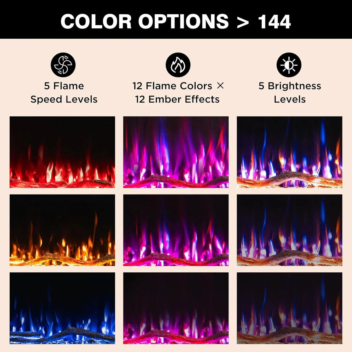 HOMAVO 50" Electric Fireplace with Heating, 1000W/2000W Decorative Fireplace, 12 Colors of 3D Flame, 12 Colors of Wood Fireplace, Remote Control & App, Includes Fireplace Furniture