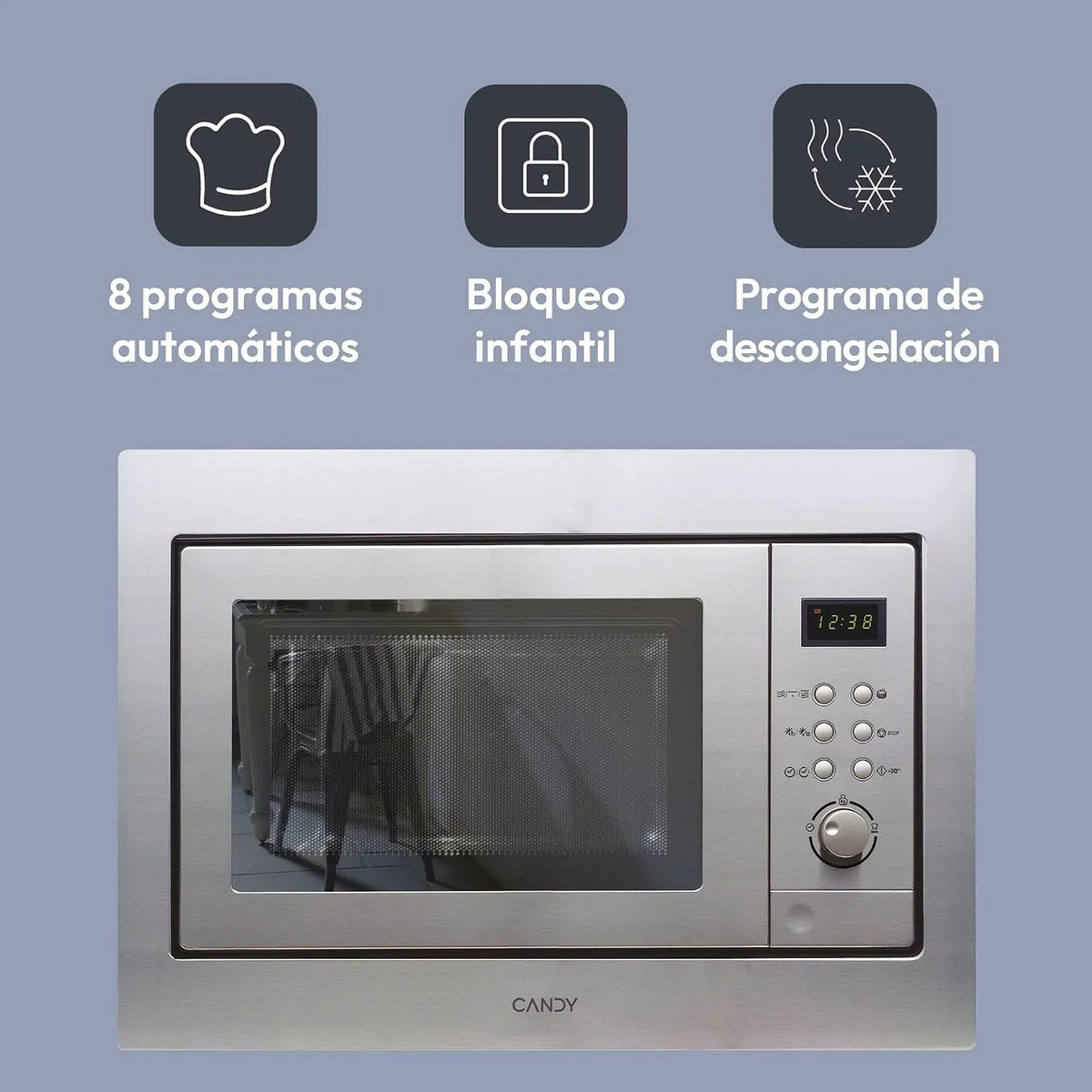 Candy MIC201EX, Microondas integrable con grill, 20L, Digital, Con marco, 8 programas automáticos, Plato giratorio 24,5cm, Descongelación tiempo y peso, 800W/1000W, Acero inoxidable antihuellas