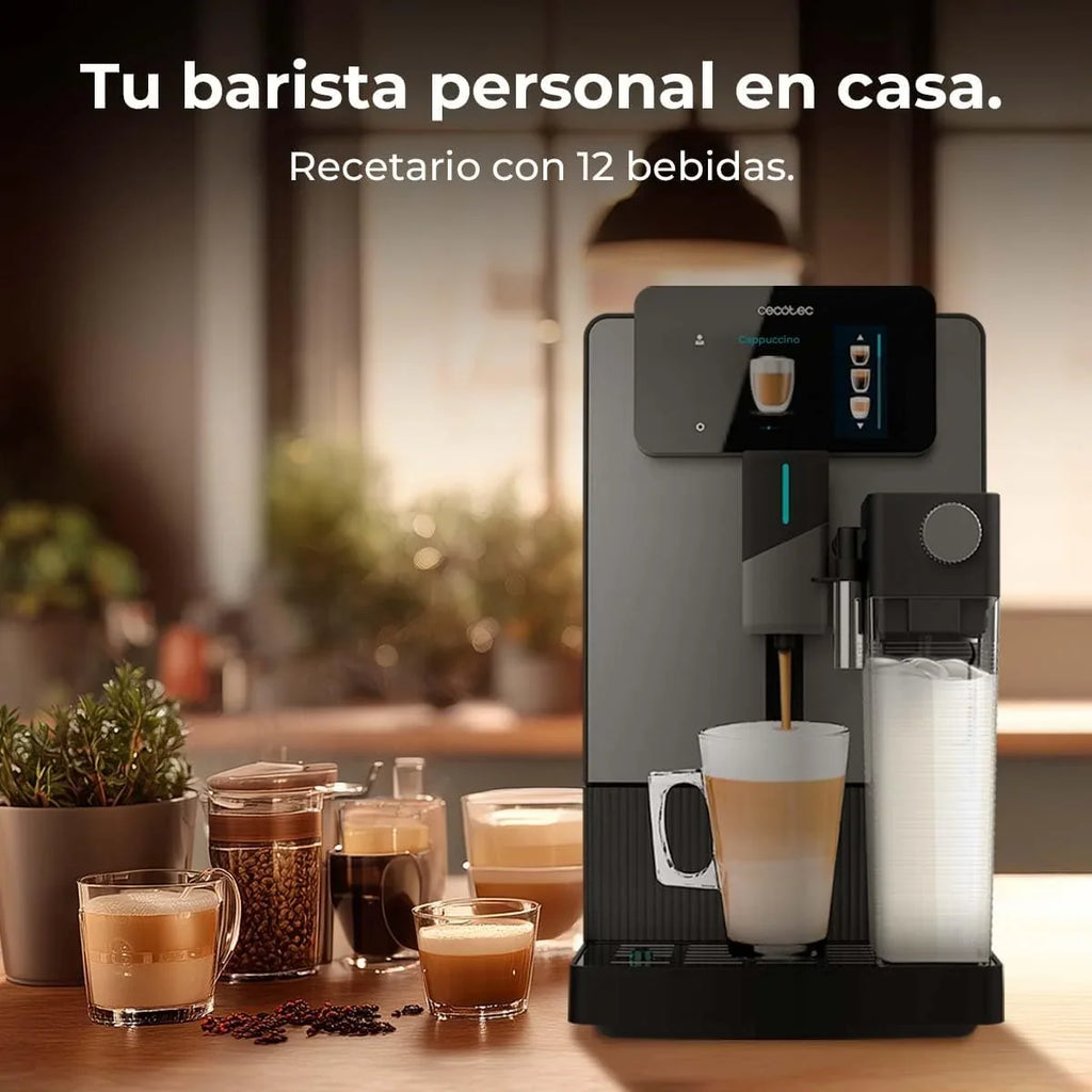 Cecotec Cafetera Superautomática Cremmaet Latte Touch. 19Bares, Thermoblock, 12 Bebidas, 4 Perfiles, Agua 1.1L y 400ml Leche, Pantalla TFT, Molinillo Cónico, Limpieza Automática, Altura Regulable