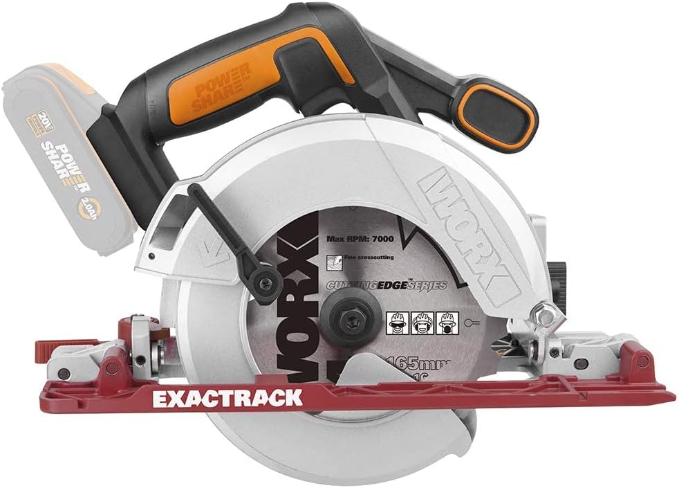 WORX WX530.9 Worxsaw XL Sierra Circular Brushless 20V Sin Batería, Sistema ExacTrack para Cortes Rectos, Base de Aluminio, Corte a Inglete 50°