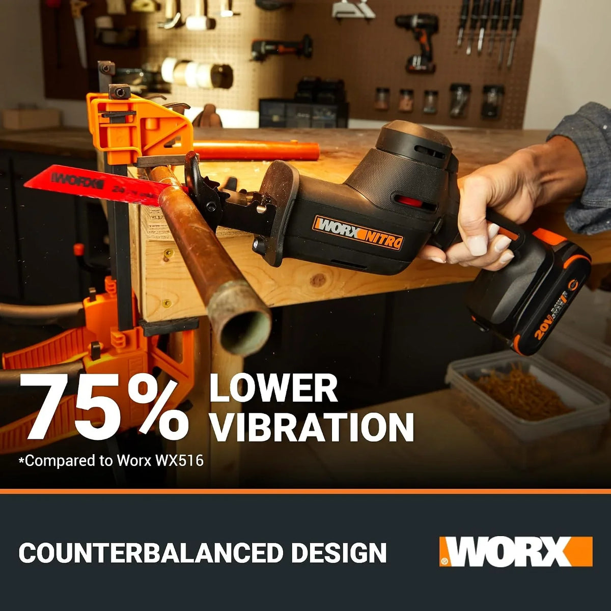 WORX | Sierra sable compacta WX501.9, 20V, Power Share, insercción universal, sin batería ni cargador