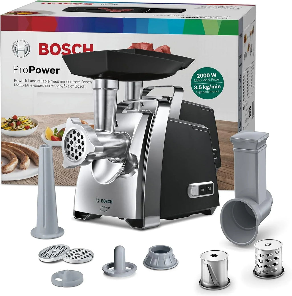 Bosch - Picador de carne, ProPower, 2000 W, Alta seguridad, Negro, cromo, MFW67440