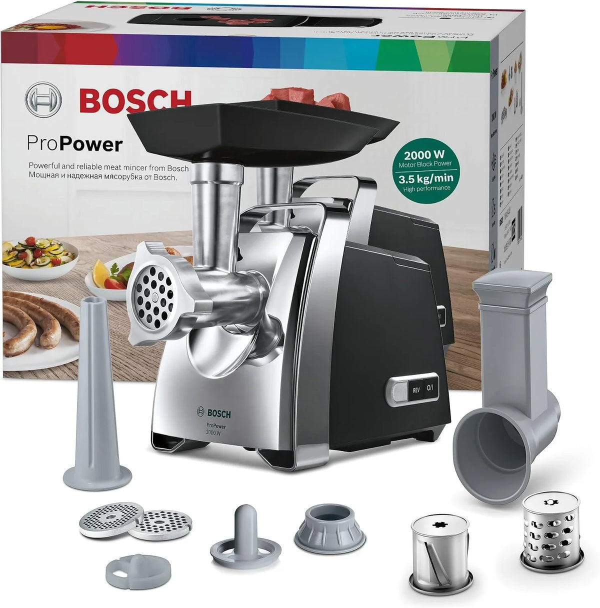 Bosch - Picador de carne, ProPower, 2000 W, Alta seguridad, Negro, cromo, MFW67440