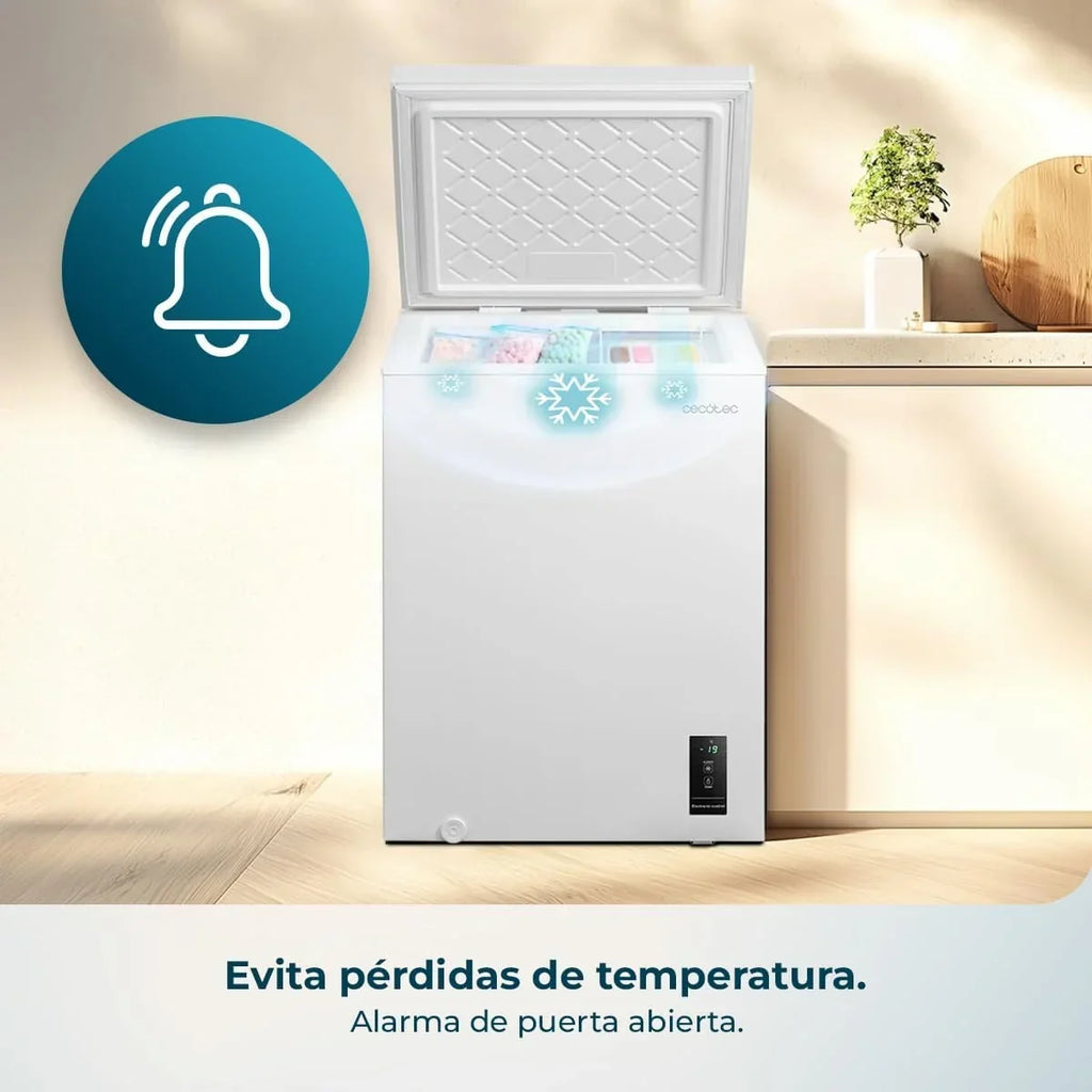 Cecotec Congelador Horizontal 143L Bolero CoolMarket Chest 143P White E. Cesta con Asas, Control Electrónico LED, UltraContact D-Cool, Dual Function, Puerta ZeroG (80º-30º), Fast Freezing, Compacto