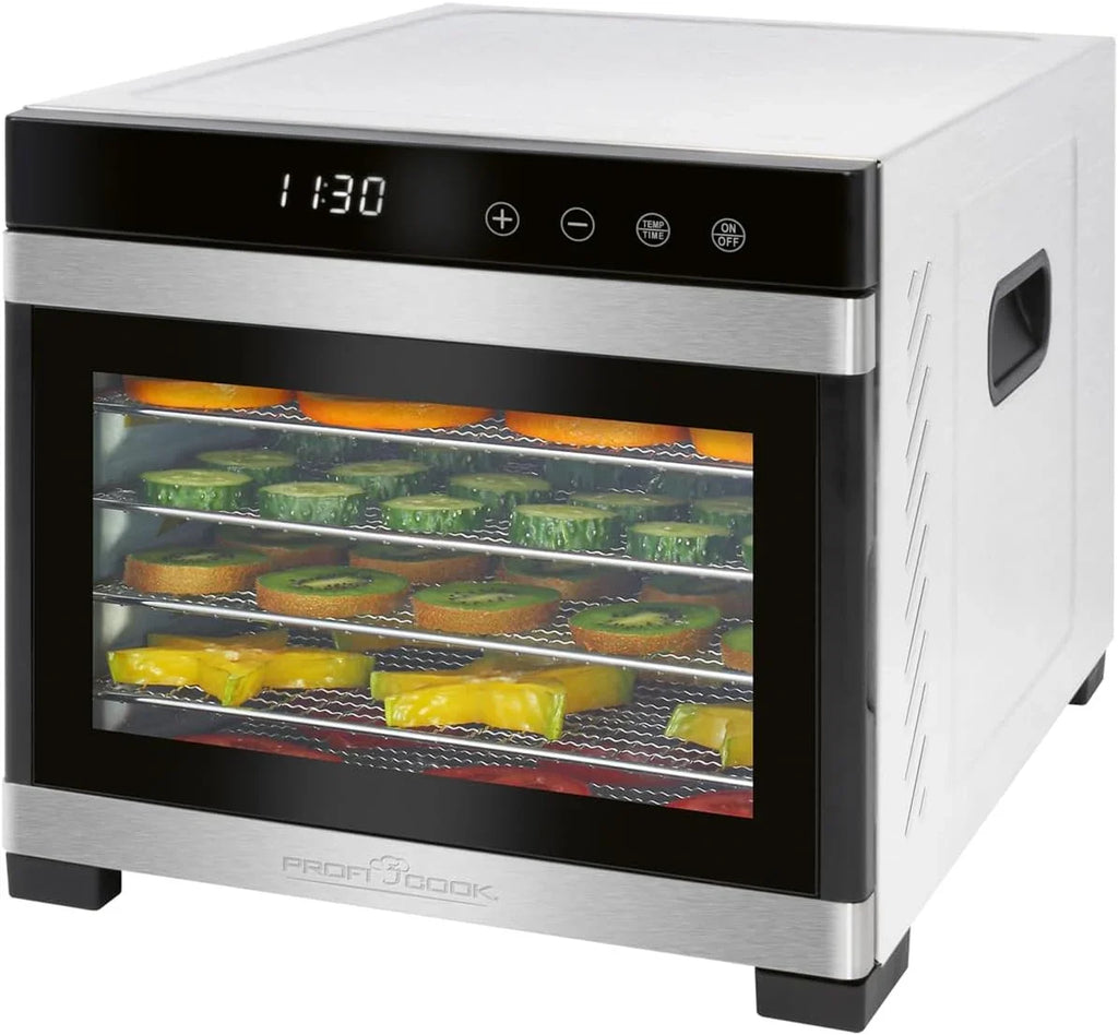 Proficook PC-DR1218 Deshidratador de Alimentos, 6 Bandejas Acero Inoxidable, Temperatura Ajustable 35-75°C, Temporizador 30 min - 24 h, Seca Frutas, Verduras, Carne, Hierbas