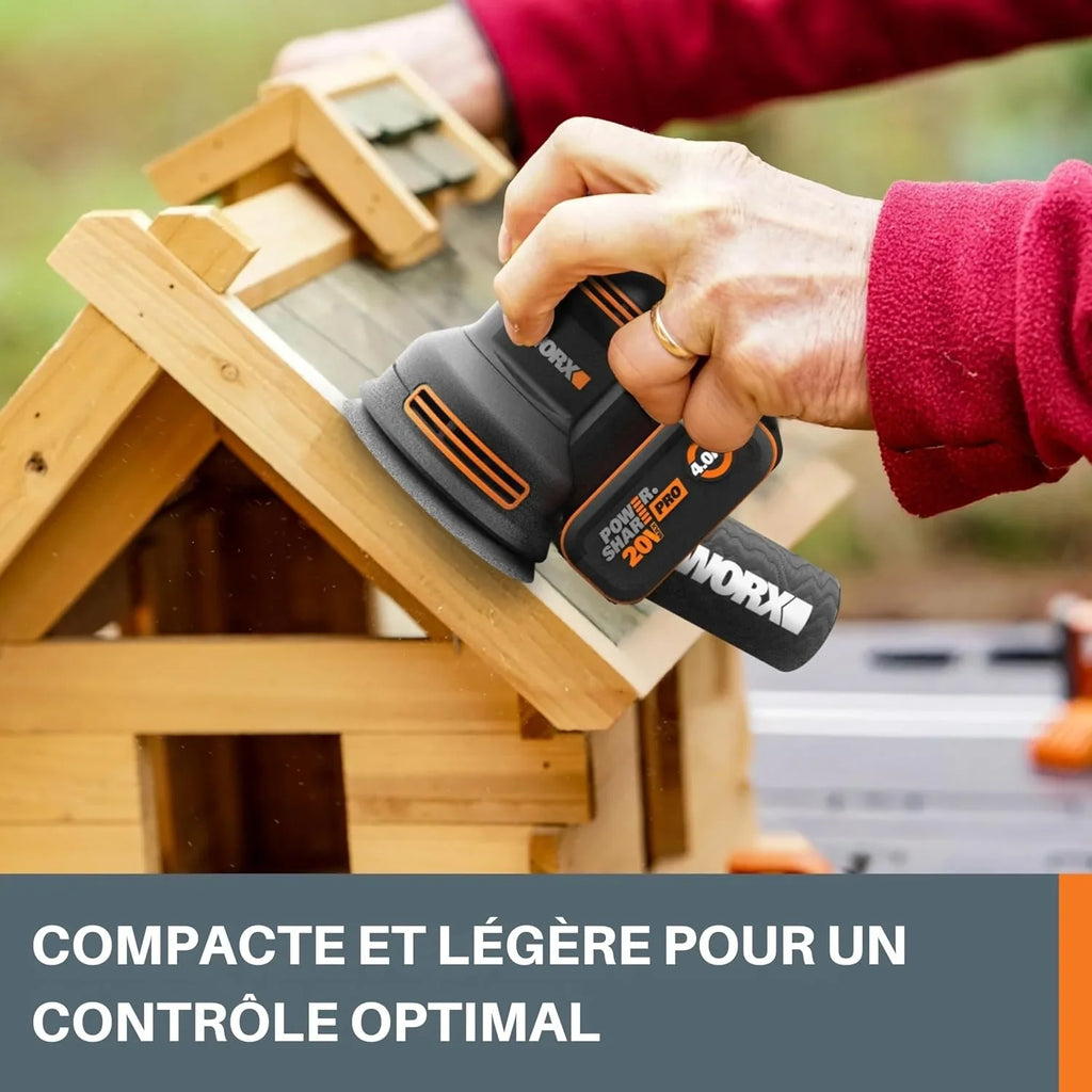 WORX NITRO – Lijadora excéntrica inalámbrica de 20 V – Bandeja de lijado de 125 mm – Ideal para superficies planas o curvas – Sin escobillas – Velocidad variable – Se entrega sin batería ni cargador –