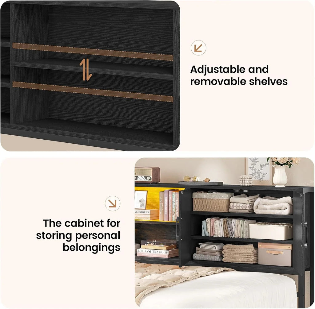 KIMENICH Upholstered Bed Sofa Bed 90 x 190 cm with LED Lighting, Charging Station, Youth Beds with 2 Drawers and Metal Slatted Base, Headboard with Storage, Open Shelves, Black