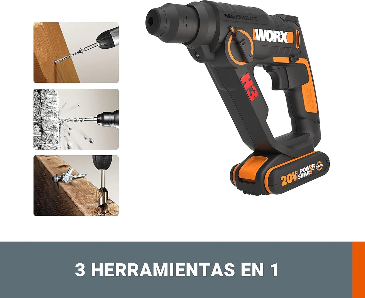 Worx WX390.1 Martillo SDS-Plus 20V 1,2J 2 Baterías Maletín