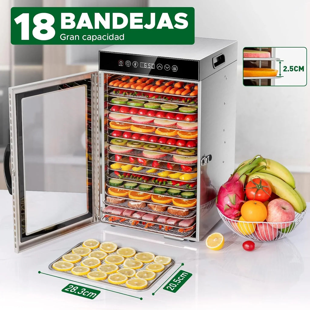 Kwasyo Deshidratador de Alimentos Comercial 18 Bandejas, 800W Deshidratador de Acero Inoxidable con Circulación de Aire 360°, Gran Capacidad para Carne, Frutas, Verduras, Hierbas