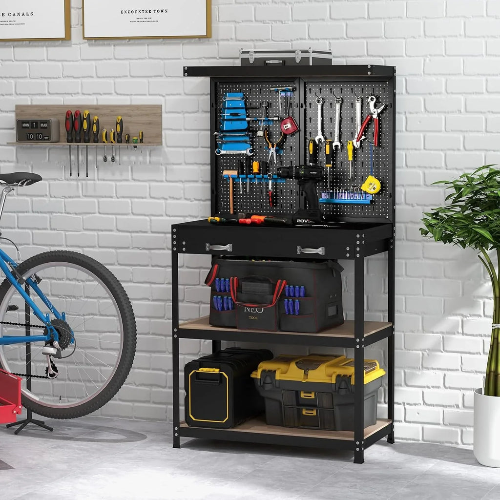 GOPLUS Banco de Trabajo Taller, Mesa de Herramientas Carga 100 kg, 81x41x155cm, con Tablero Perforado Metal, Estante Abierto, 14 Accesorios para Colgar (Azul+Negro)