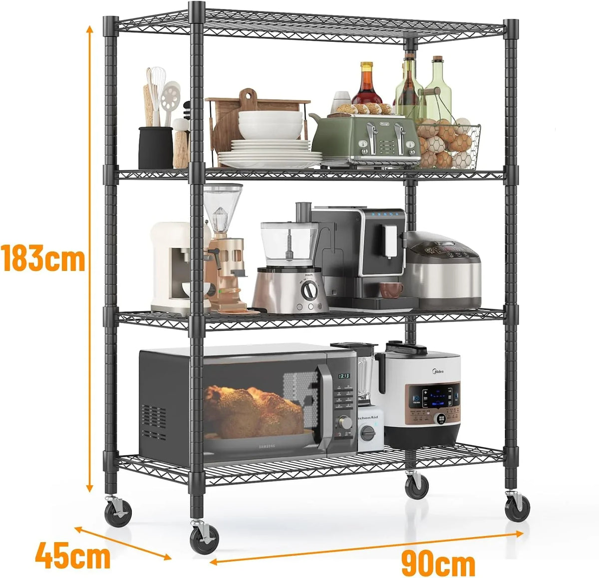 Himimi Estantería de Alambre de 4 Niveles con Ruedas y Pies Niveladores, Altura Ajustable, Estante de Almacenamiento Metálico para Cocina, Baño, Sala de Estar, Capacidad de 500 kg, 90*45*183 cm, Negro