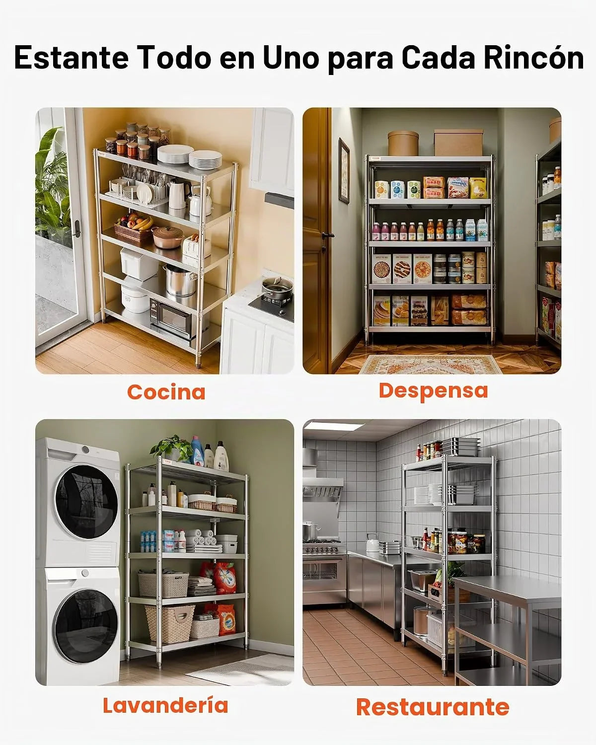 VEVOR Estantería de Acero Inoxidable de 48 x 18.5 Pulgadas, 5 Niveles Ajustables, estantería de Acero Inoxidable Resistente para Cocina, Oficina, Garaje, Almacenamiento, 330 Libras por Estante