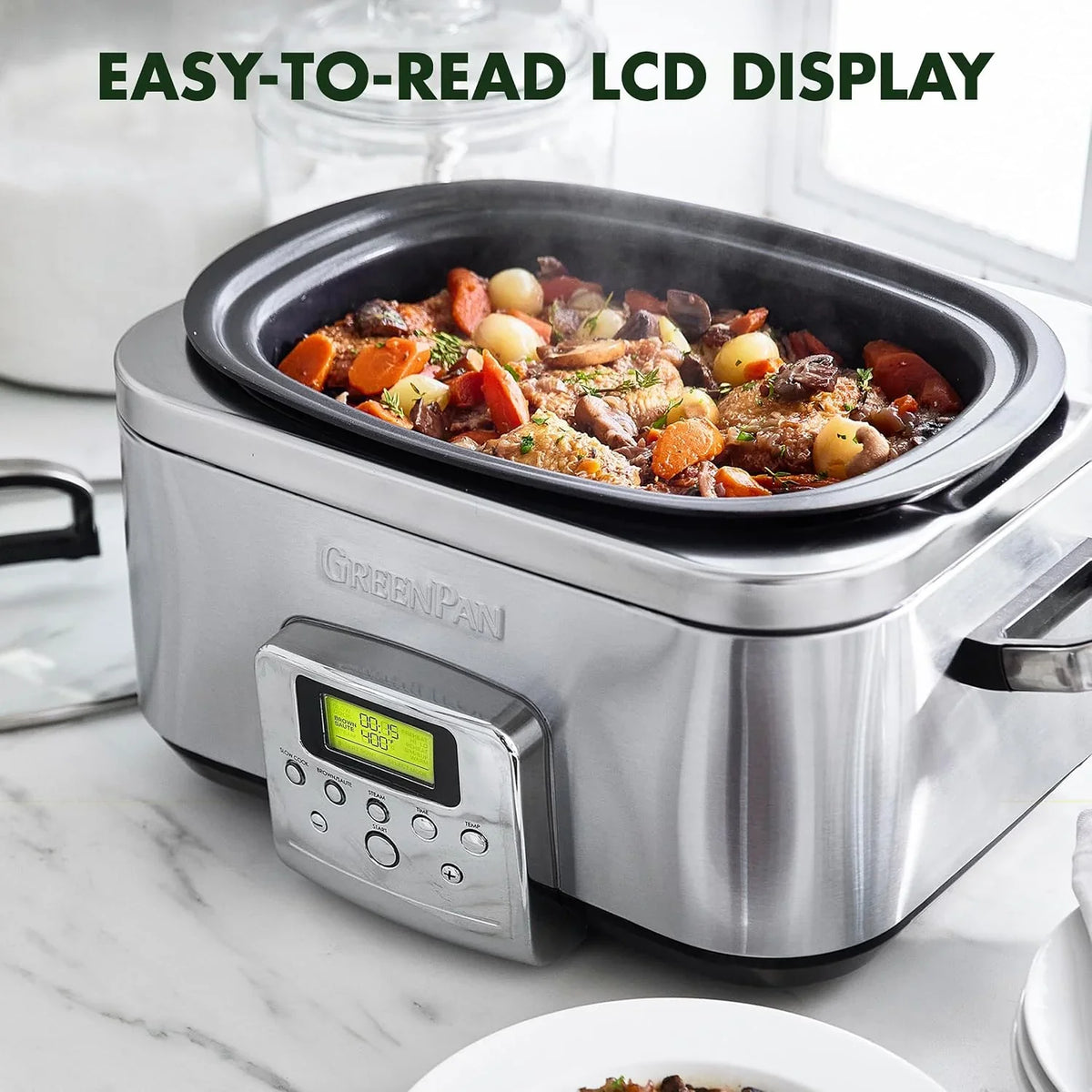 GreenPan Elite 8-in-1 Programmierbarer 6L Slow Cooker Multikocher,Spülmaschinenfester Deckel & Topf,PFAS-freie Gesunde Keramische Antihaftbeschichtung zum Braten,Schmoren,Mit Dampfgareinsatz,Edelstahl