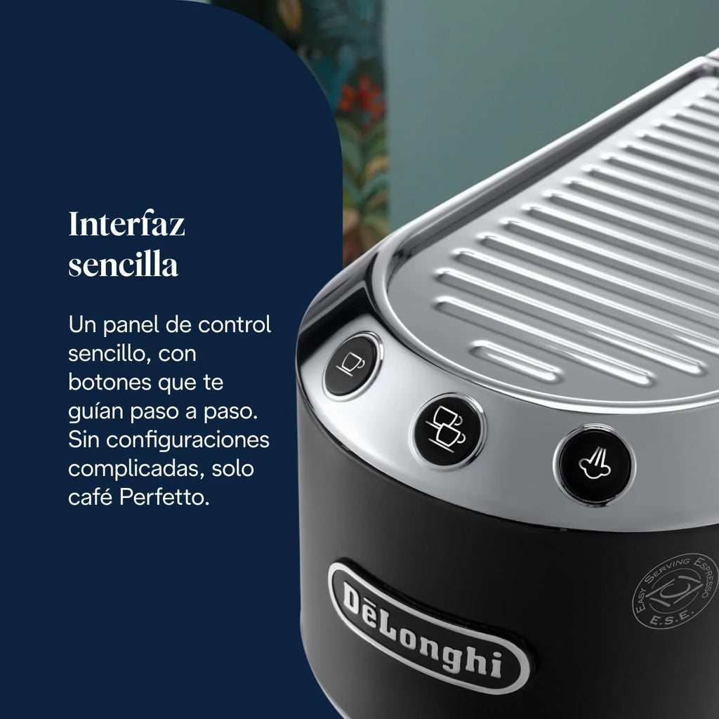 De’Longhi Dedica Style – Perfetto Cafetera Espresso Manual Compacta, Espumador de Leche Manual para Espresso y Cappuccino, Compatible con Monodosis ESE, Panel con Botones, Ancho 15cm, Negro (EC685.BK)