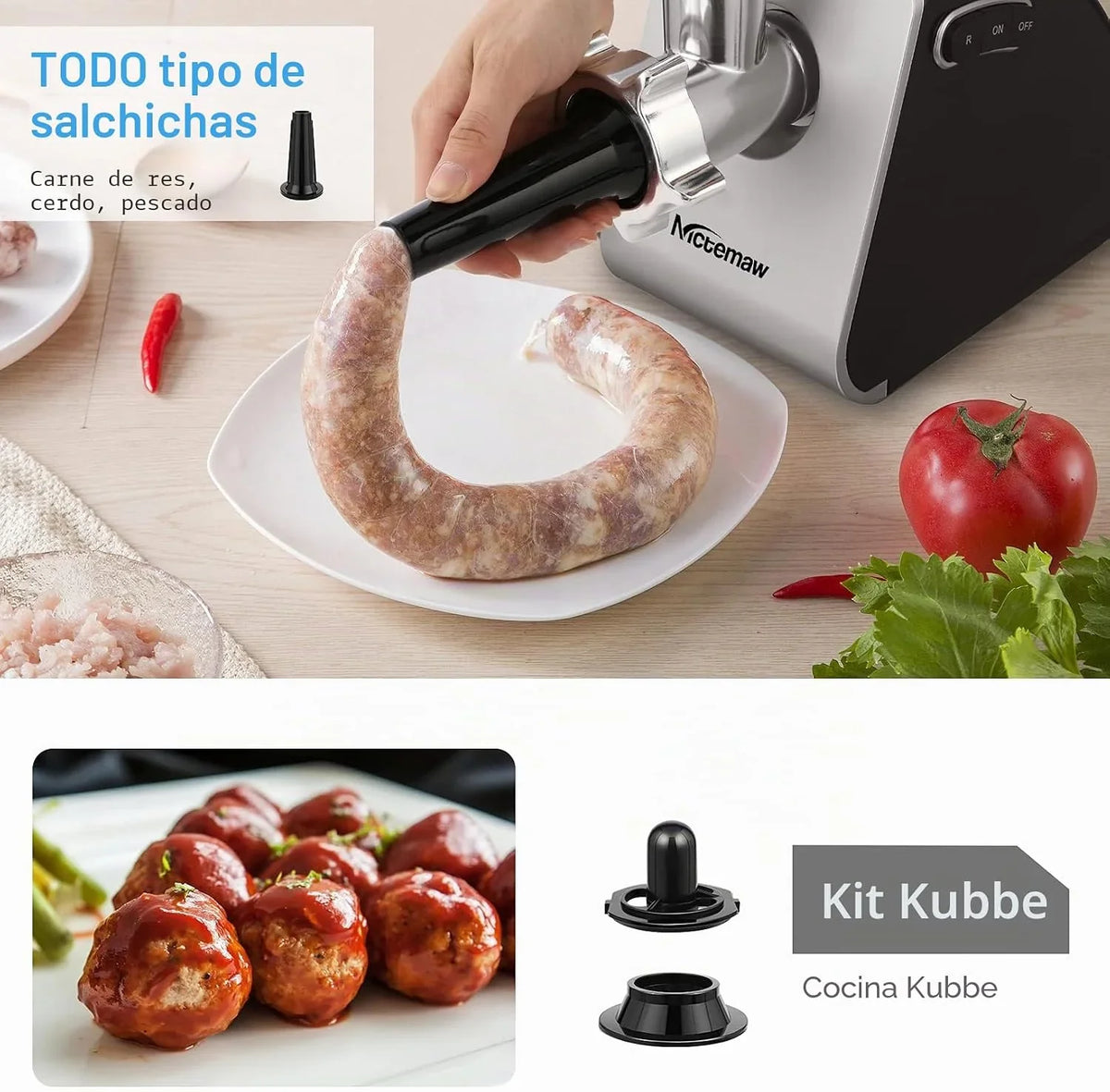 Nictemaw Picadora de carne eléctrica 5 en 1, multifunción, con 4 cuchillas y 3 placas de corte de acero inoxidable, para salchichas, otros accesorios para galletas, albóndigas, 2000 W máx