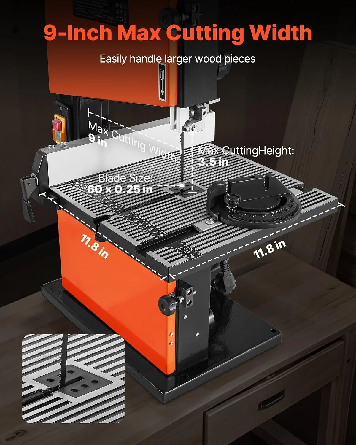 VEVOR Sierra de Cinta para Madera con Motor de 373 W, Altura de Corte de 90 mm, Ancho de Corte de 229 mm, Mesa de Aluminio Fundido de 300 x 300 mm, con Luz de Trabajo de 360°, para Carpintería