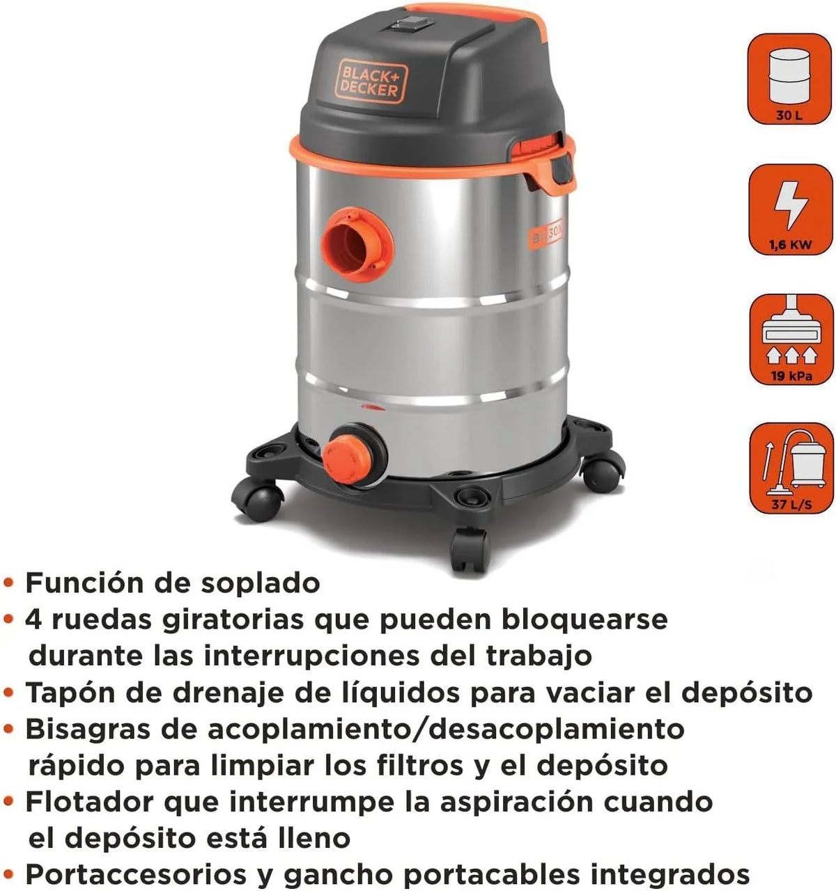 Black+Decker BXVC30XDE Aspirador Multiuso de sólidos y líquidos (1600 W, 30 L, Acero INOX)