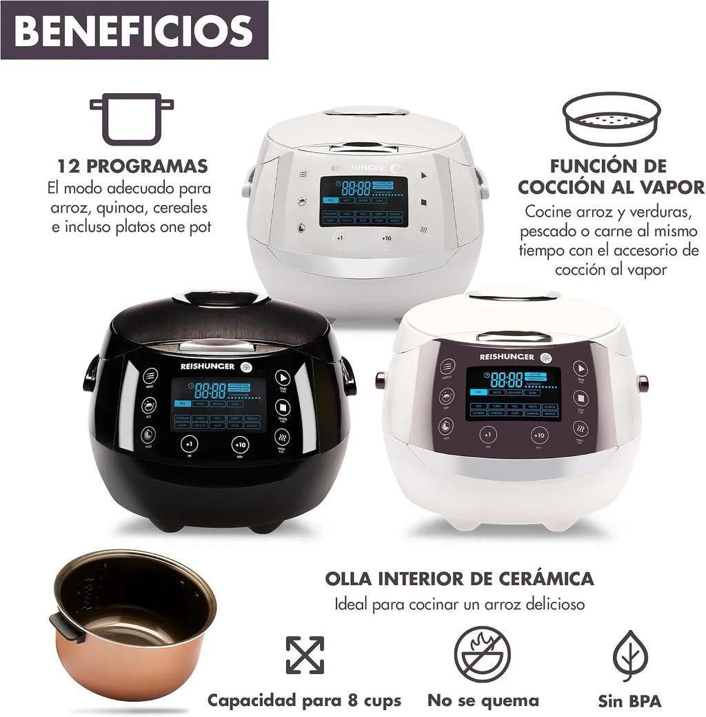 REISHUNGER Olla Arrocera Eléctrica y Vaporera – 1,5 L – Negra