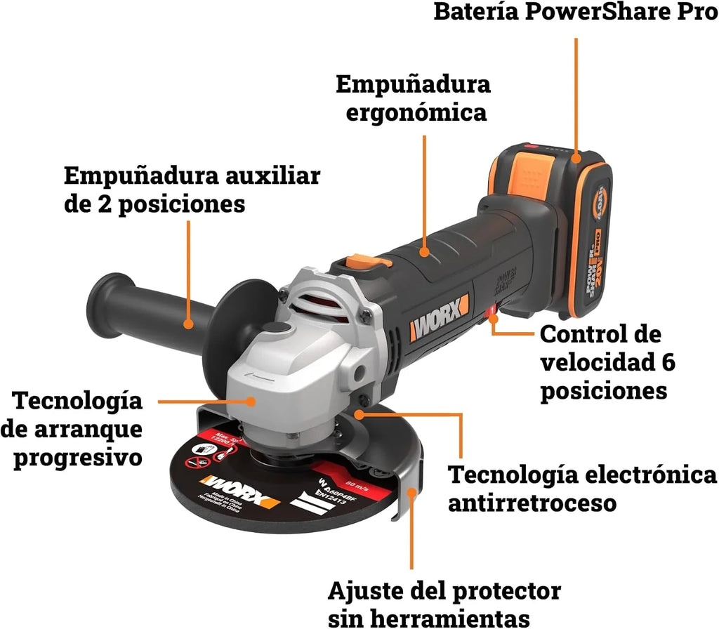 WORX WX807 Amoladora Angular 125mm con Batería 20v - 4Ah, 6 Velocidades