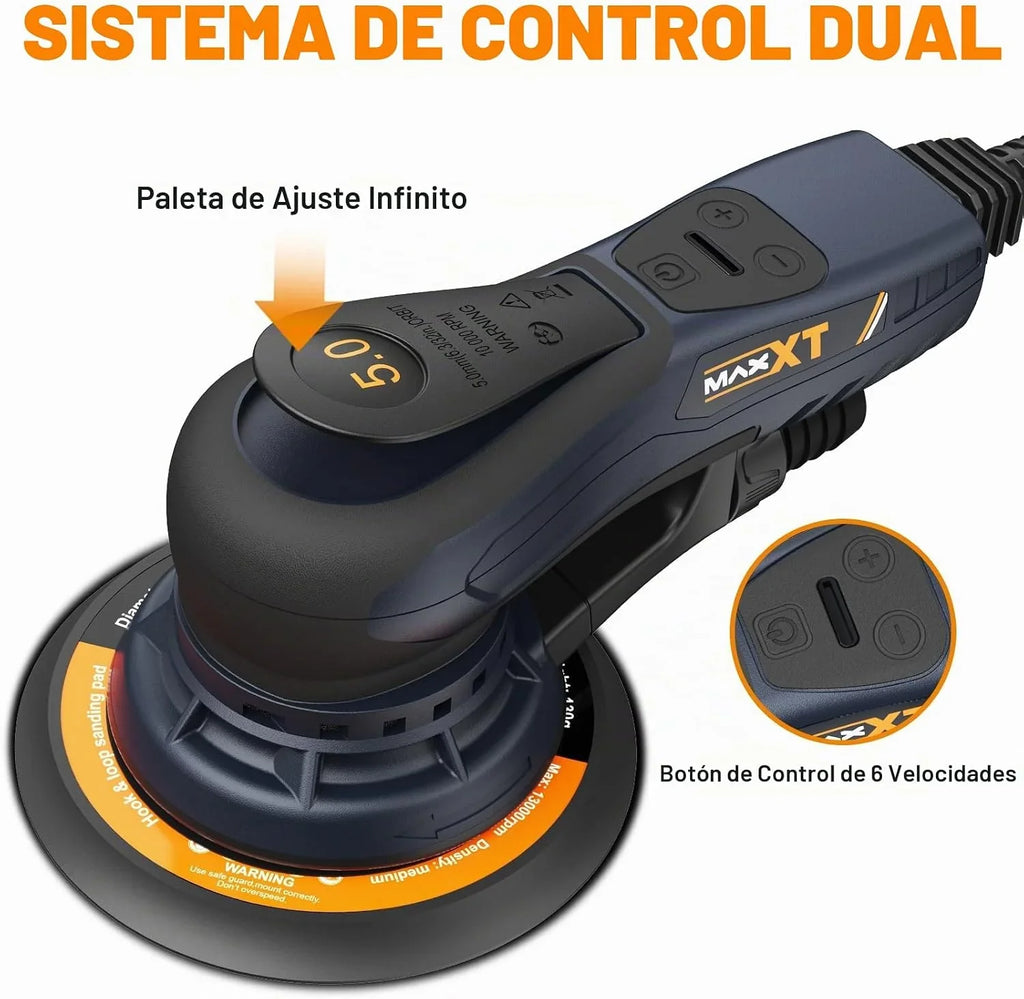 MAXXT lijadora excéntrica 150 mm, sin escobillas, conector tri-núcleo, carrera 5,0 mm, freno automático (2 s), 6 velocidades, incluye 10 lijas y cable 5 m.