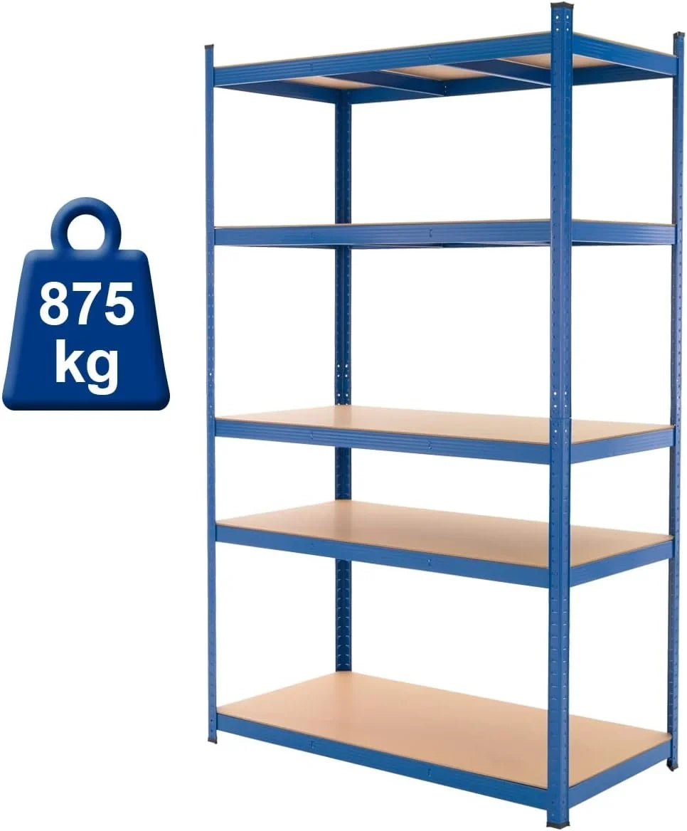 ECD Germany Juego De 2 Estanterías Para Cargas Pesadas 200x100x50 cm De Metal Recubierto De Polvo Azul Con 5 Estantes De Madera MDF Cargable Hasta 875kg Montaje Sin Tornillos Banco De Trabajo Taller