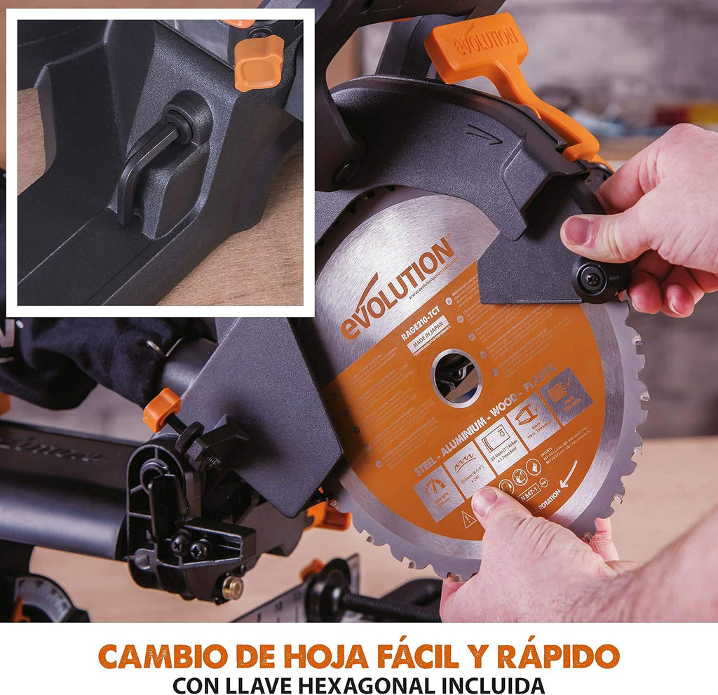 Evolution Power Tools - R210SMS-300+ Ingletadora deslizante multimaterial de 210 mm (230 V), con paquete plus, Corta acero dulce, aluminio, plástico, madera con clavos incrustados