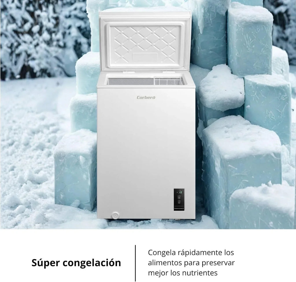 Corberó - Arcón Congelador Horizontal | CCHM1006M | 99L | 54,7cm x 84,9cm | Motor Inverter 38db | Sistema Dual | Súper Congelación | Control con Display | 1 Cesta |Blanco