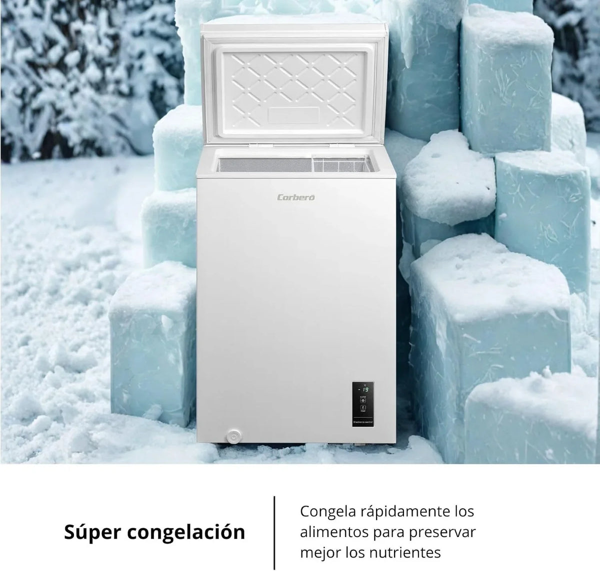 Corberó - Arcón Congelador Horizontal | CCHM1006M | 99L | 54,7cm x 84,9cm | Motor Inverter 38db | Sistema Dual | Súper Congelación | Control con Display | 1 Cesta |Blanco