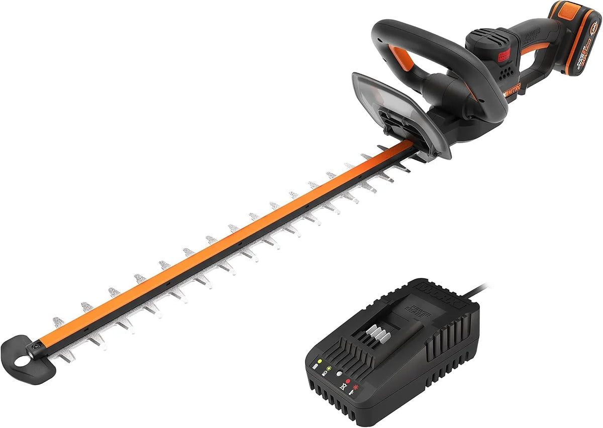 WORX Nitro - Cortasetos inalámbricos 20 V - 4 Ah - Hoja de 56 cm - Diámetro 27 mm - WG263E (Suministro con batería y Cargador, Motor sin escobillas, Cuchillas de Doble acción)