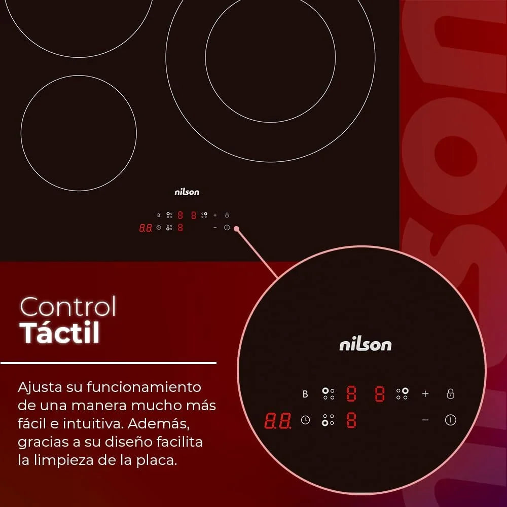 Nilson Placa de Inducción Cristal negro NI3600. Potencia máx. 7200 W, 3 Zonas de Cocción, 9 Niveles de Cocción, Control Táctil, Función Turbo, Bloqueo, Autodesconexión Seguridad, Diámetros 16-21-29 cm
