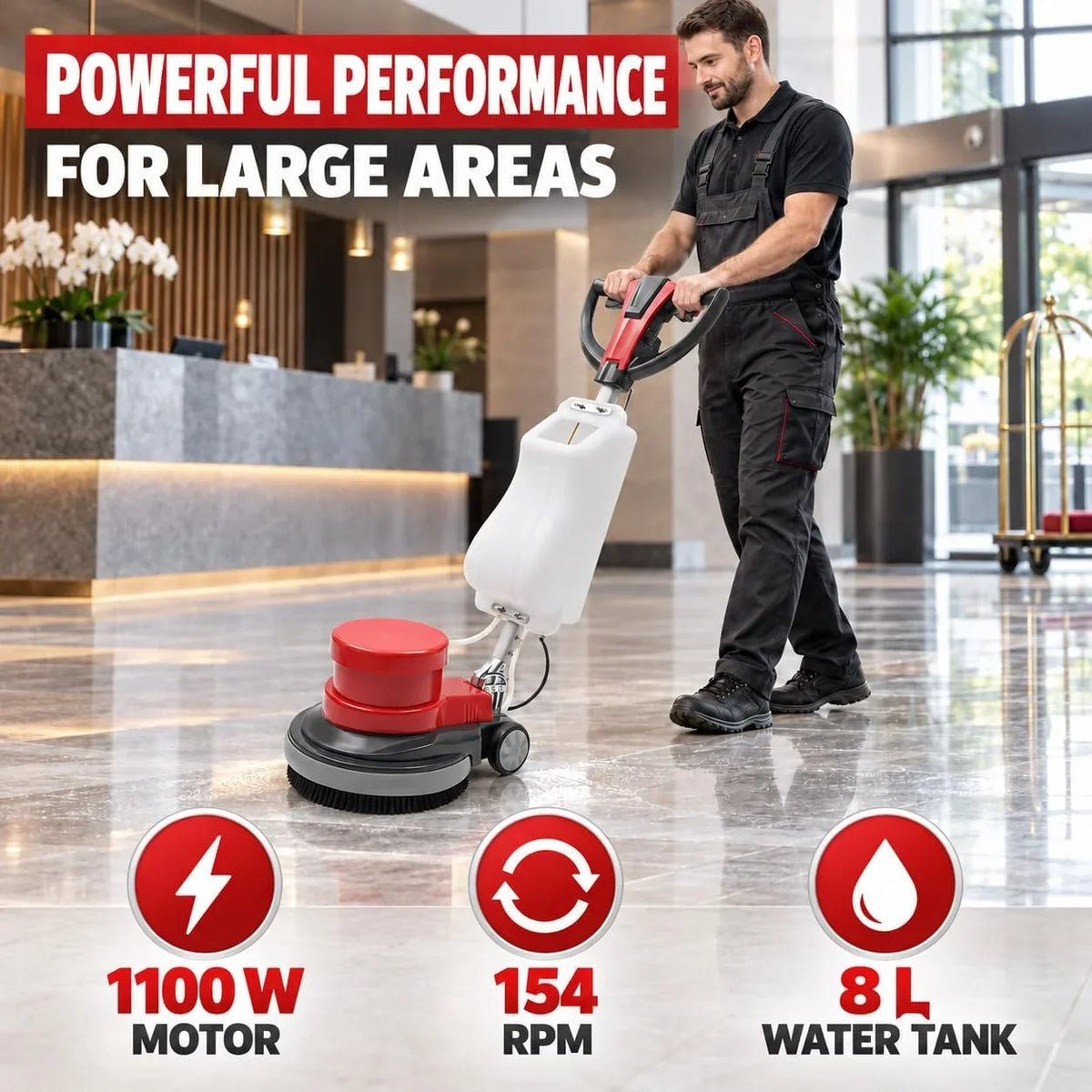 Máquina de limpieza de suelos, 1100 W, con depósito de agua de 8 L, 154 rpm