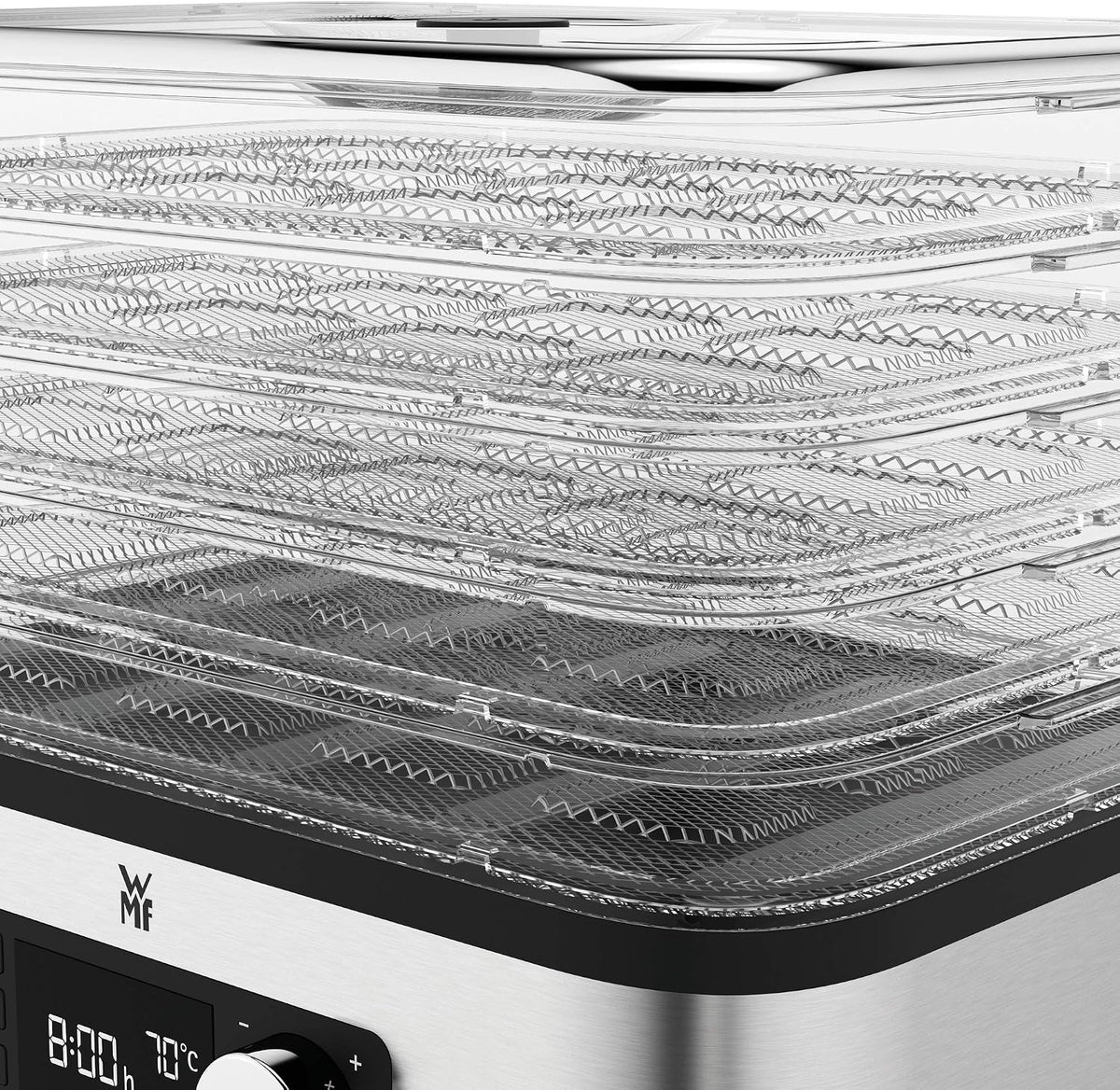 WMF Kitchenminis - Deshidratadora Snack To Go, 250 W con 5 bandejas altura regulable, pantalla LCD, 30-70ºC, libre de BPA,Tritan, Acero Inoxidable cromargan