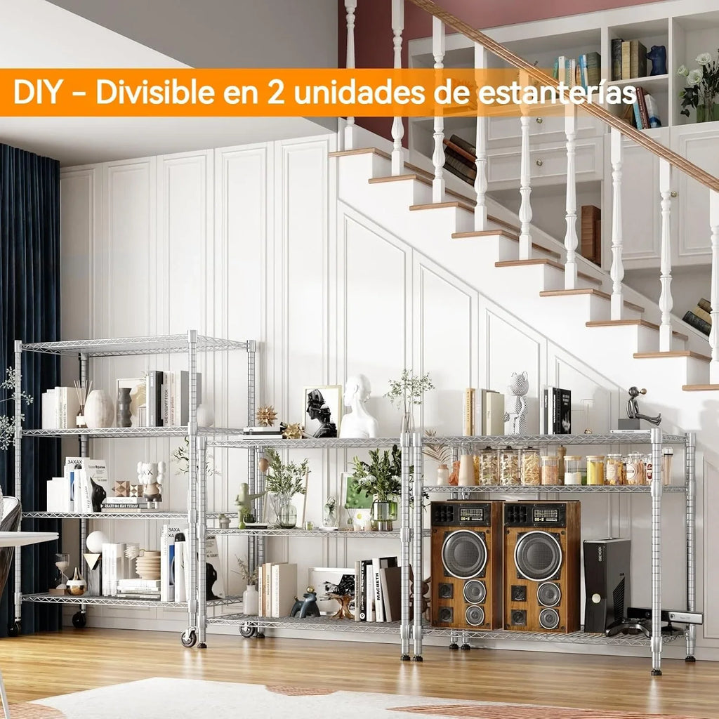 Himimi Estantería de Alambre de 4 Niveles con Ruedas, Altura Ajustable,con Pies Niveladores, Estante de Almacenamiento Metálico para Cocina, Baño, Dormitorio,Capacidad de 500 kg, 90*45*183 cm, Plata