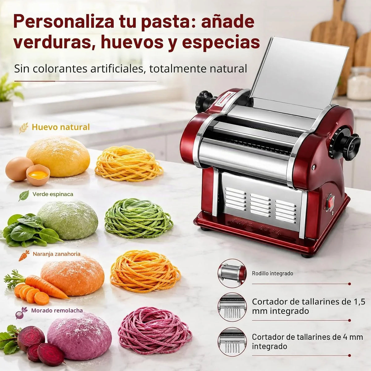 Máquinas Eléctricas Para Pasta - Fabricante de Fideos con Rodillo y Doble Cuchilla de Acero Inoxidable - 1.5mm (Redondo) y 4mm (Plano) - Para Uso Doméstico y Comercial