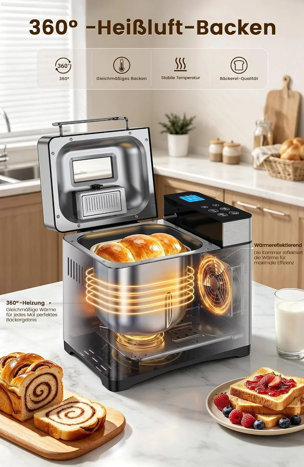 Panificadora de acero inoxidable 2LB 17 en 1 con recipiente para frutas y frutos, molde de cerámica antiadherente y panel táctil digital, 3 tamaños, 3 colores, set de reserva y mantenimiento