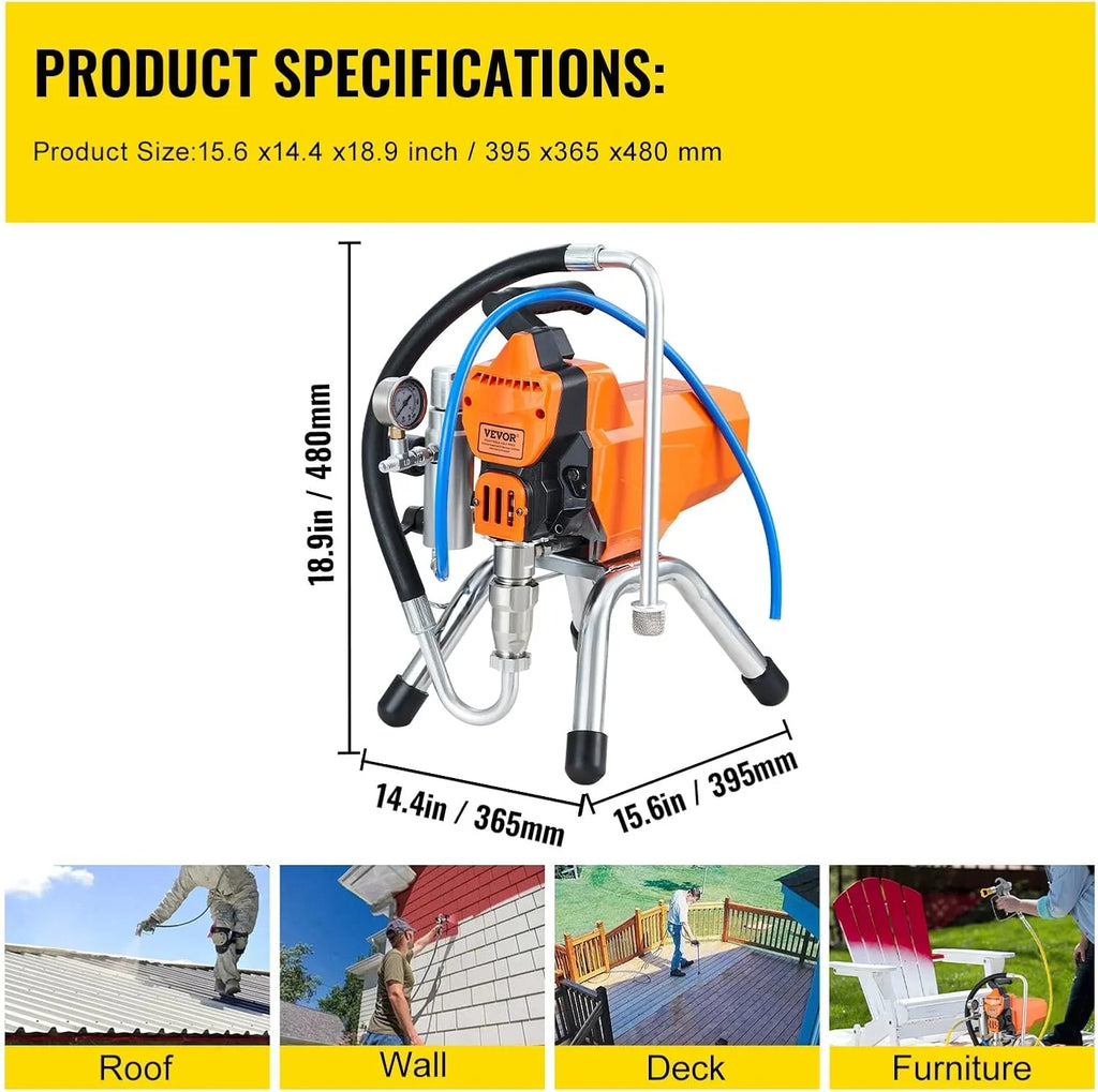 VEVOR Pulverizador de Pintura 2000 W Máquinas Pintura Airless 2 L/min Pistola de Pulverización Eléctrica sin Aire Presión Máxima 3000 PSI con Manguera de 9 m para Pared, Mueble, Exterior, Interior