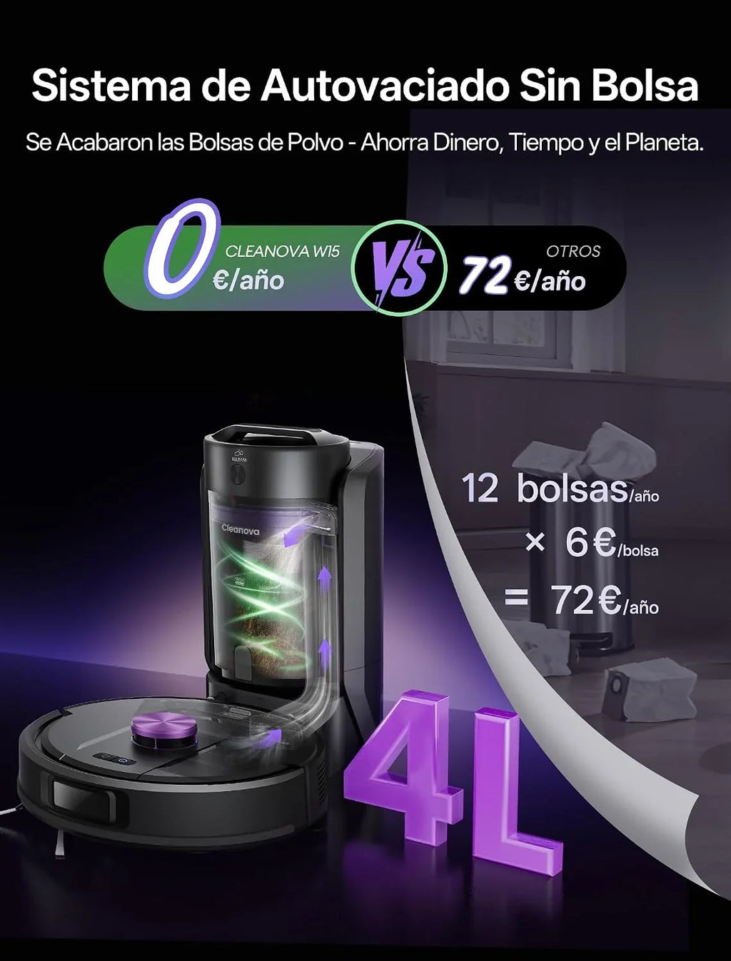 Vexilar W15 Robot Aspirador y Fregasuelos 10000Pa, Aspirador Fregadora Potente con 5 Mapa Inteligente,Autonomía 180Min, Fácil Programa, 4L Base Autovaciado sin Bolsa, para Suelos/Alfombras/Partícula