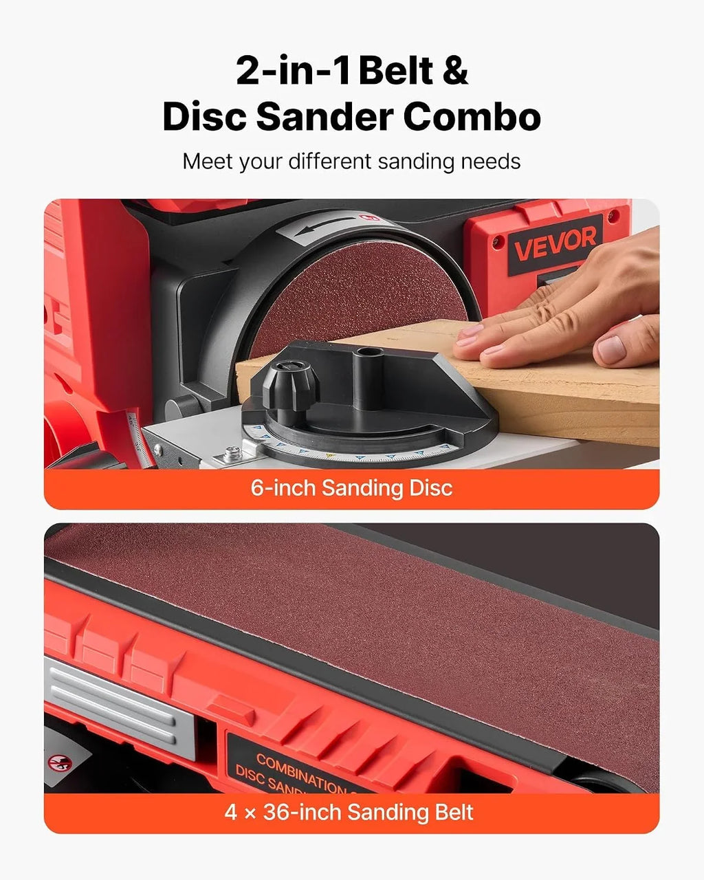 VEVOR Lijadora de Banda y Disco 400 W, con Disco 152,4 mm y Banda 101,6 x 914,4 mm, Mesa de Trabajo Ajustable de 0 a 45° y Puerto de Extracción de Polvo para Carpintería y Afilado de Cuchillos