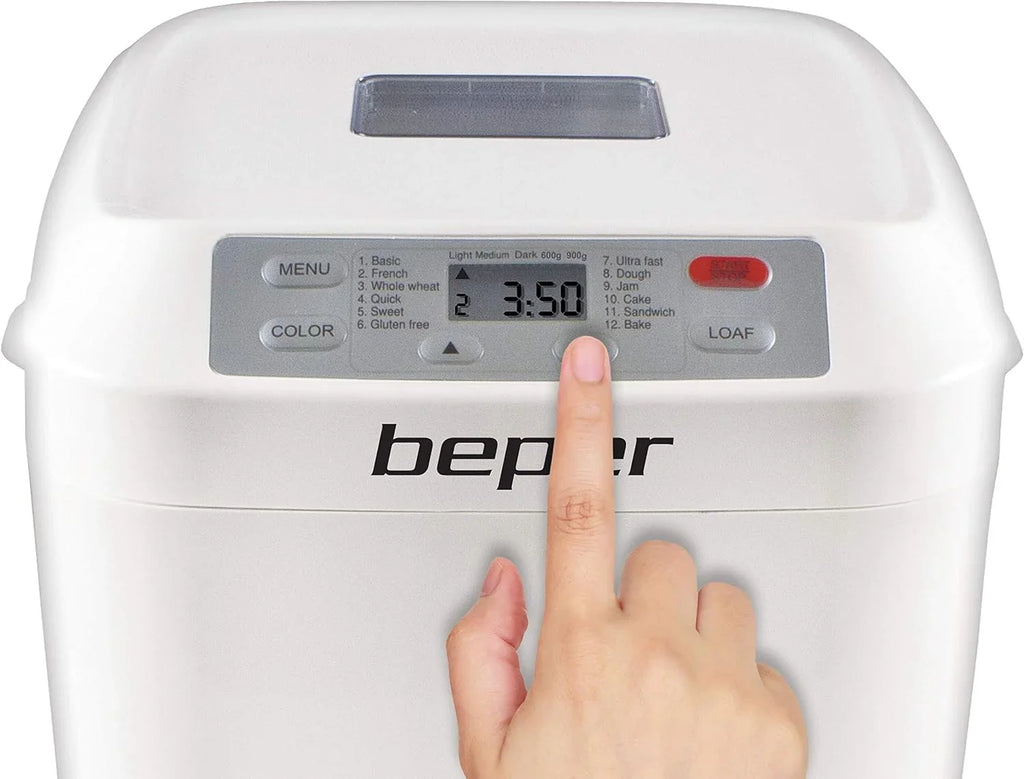 Beper BC.130 Panificadora automática, Máquina para hacer Pan, Gluten Free, 550 W, Recipiente antiadherente,12 Programas, Pantalla LCD,temporizador programable 13 horas, Blanco
