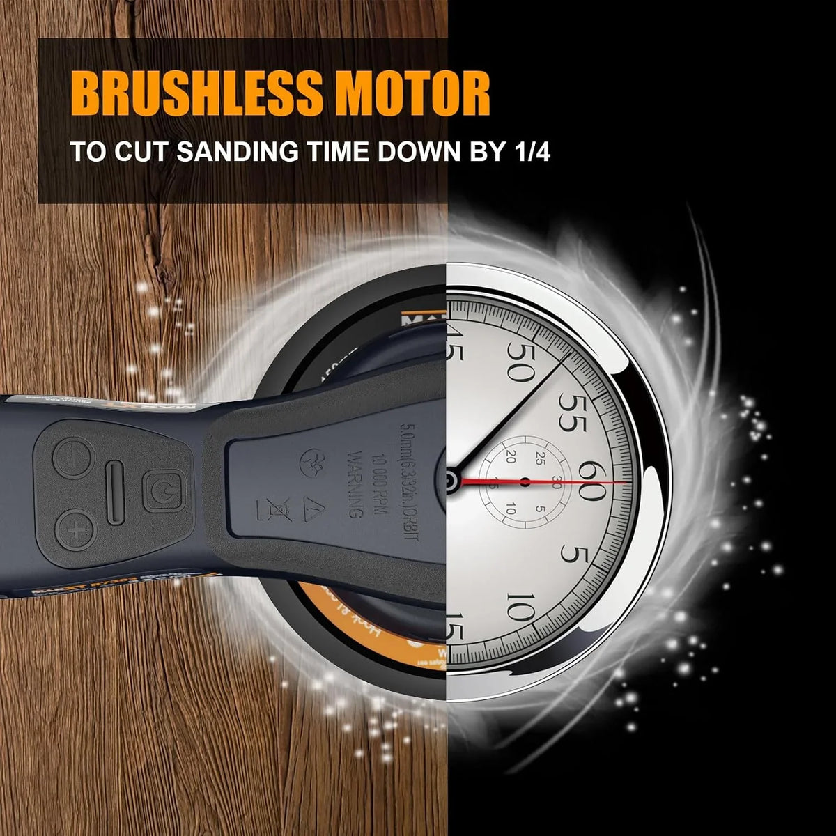 MAXXT Lijadora orbital 5.0 sin escobillas 350W, disco de 125mm&150mm, 4000-10000RPM(6 velocidades ajustables) Freno automático-2s, y 20 hojas de papel de lija