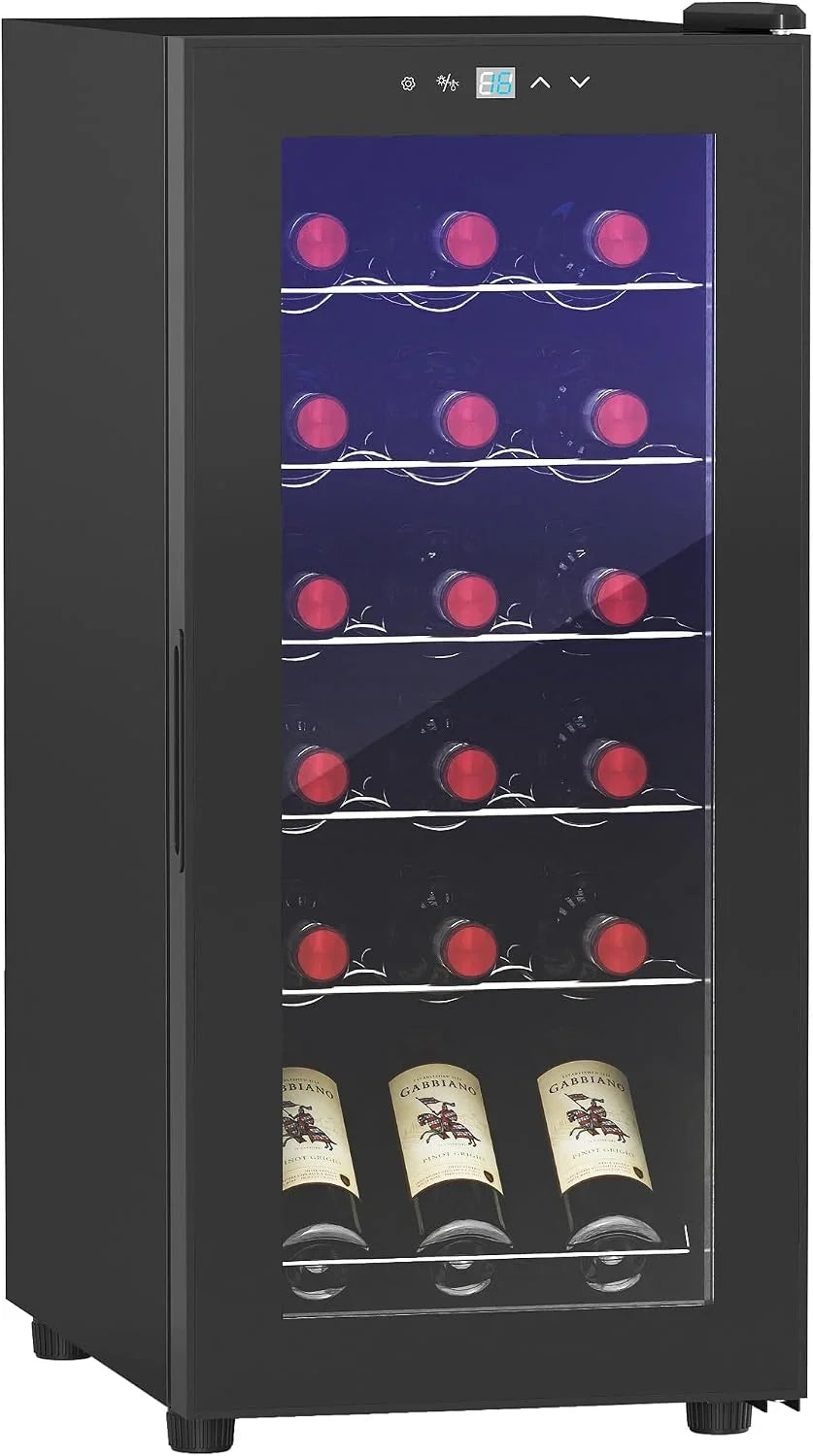 HOMCOM Nevera Vinos 18 Botellas 50L Vinoteca con Luz LED Interior Pantalla LED Táctil Digital Control de Temperatura Puerta de Vidrio Anti-UV y 5 Estantes de Metal Negro
