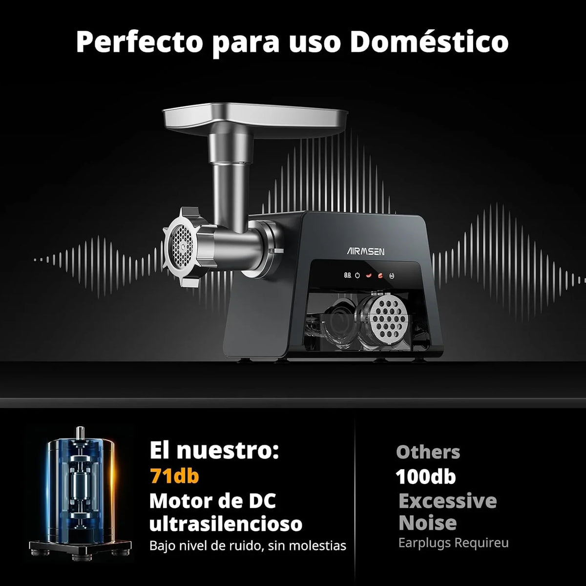 AIRMSEN Picadora de Carne Eléctrica 3 en 1, Aluminio Fundido a Presión,con Salchichas y Accesorios para Kubbe, 2500W Max, 2 Velocidades, Motor Silencioso, Ideal para Cocinas Familiares
