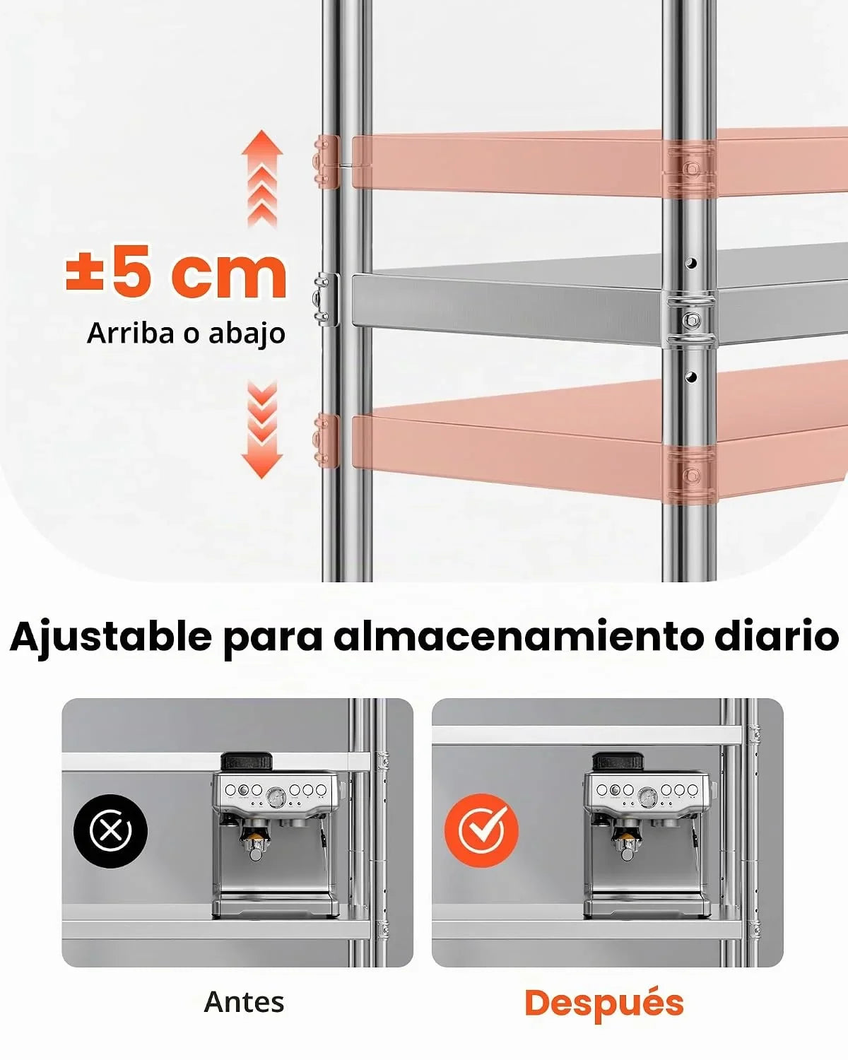 VEVOR Estantería de Acero Inoxidable de 48 x 18.5 Pulgadas, 5 Niveles Ajustables, estantería de Acero Inoxidable Resistente para Cocina, Oficina, Garaje, Almacenamiento, 330 Libras por Estante