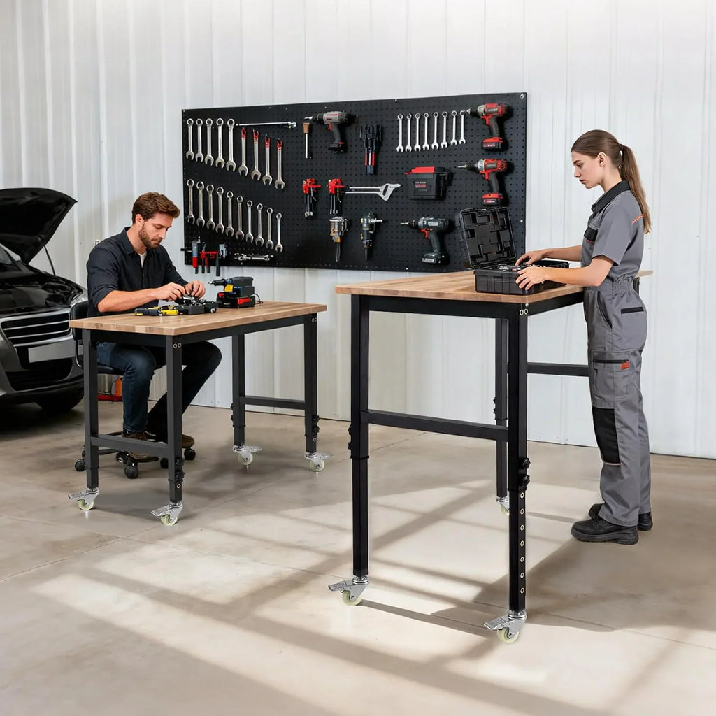 VEVOR Banco de Trabajo 122 x 60 cm, Mesa de Taller Altura Ajustable de 8 Niveles de 72,5-107,5 cm, Carga de 680 kg, Mesa de Madera Marco de Metal con Ruedas para Oficina, Garaje, Taller, Hogar