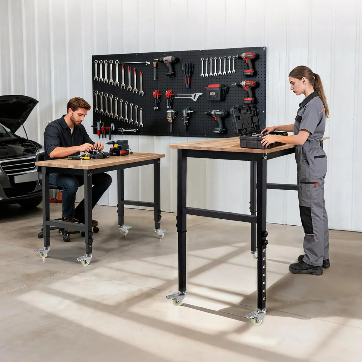 VEVOR Banco de Trabajo 122 x 60 cm, Mesa de Taller Altura Ajustable de 8 Niveles de 72,5-107,5 cm, Carga de 680 kg, Mesa de Madera Marco de Metal con Ruedas para Oficina, Garaje, Taller, Hogar