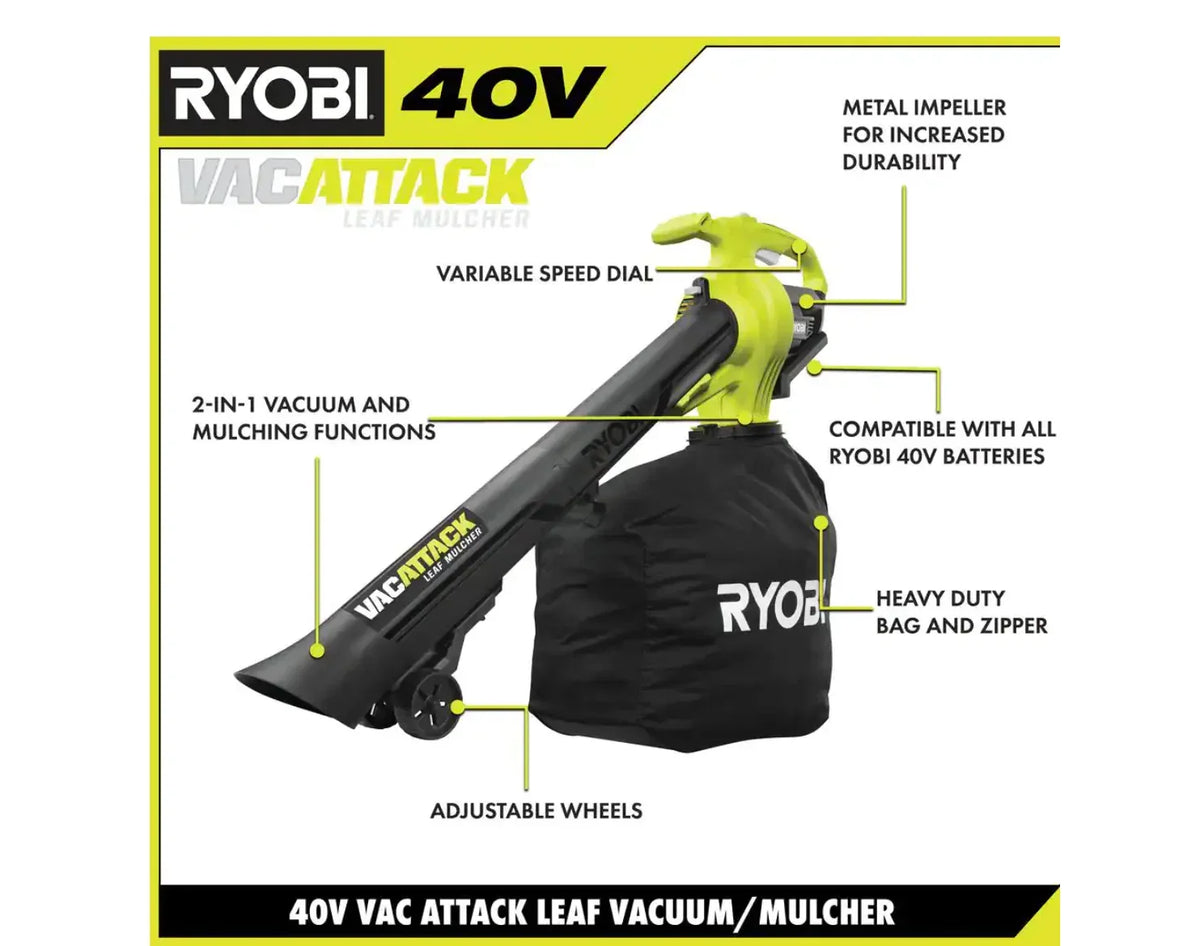 2025 Aspiradora y Soplador de Hojas Inalámbrico RYOBI RY40451BL 40V 110 MPH 525 CFM con 2 Baterías y 2 Cargadores